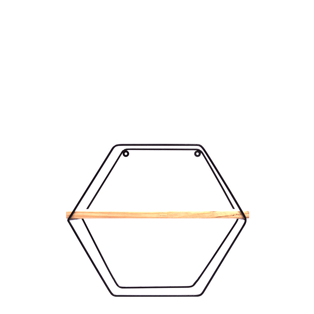 Suporte de Parede Aramado Hexagonal com 1 Tampo de Madeira